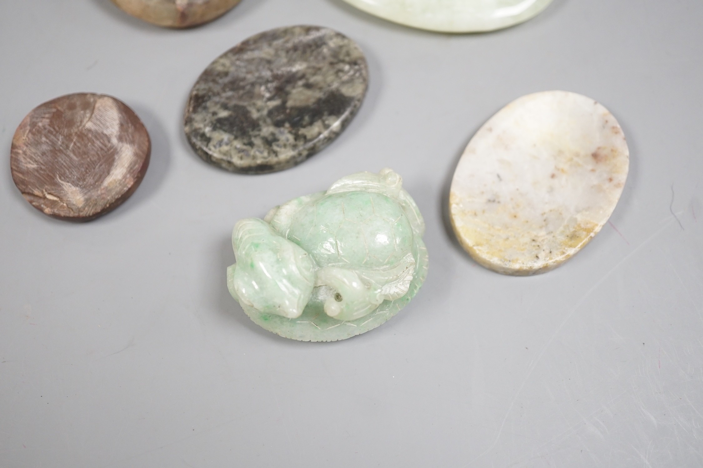 A Chinese jadeite turtle and five hardstone carvings